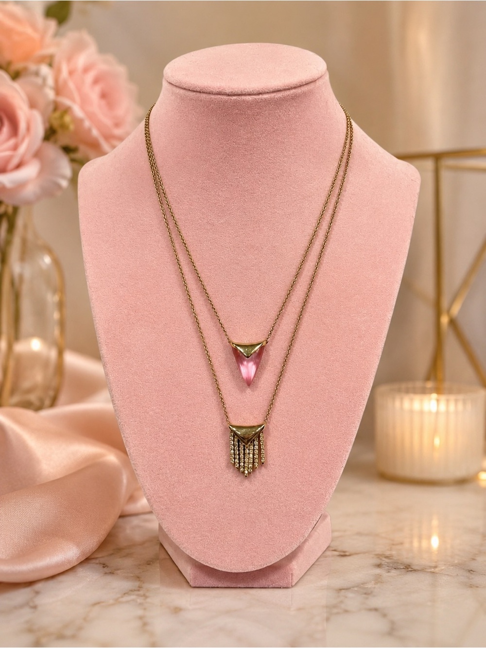 Alexis Bittar Layered Gold Tone Pink Lucite Crystal Pendant Necklace